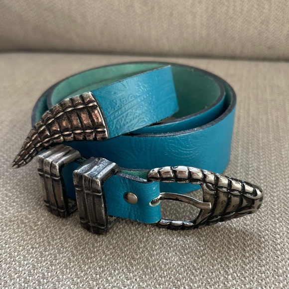 Vintage Blue Leather Belt with Silver Snake Buckle - Picture 1 of 4